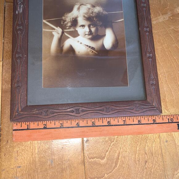 Antique Cupid Awake 1897 Black & White Print M. B. Parkinson carved wood frame - Picture 12 of 13